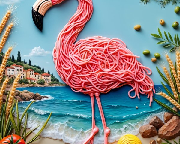 Flamingo and Duck Made of Pasta on Beach Scene