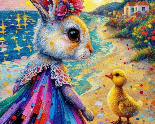 Whimsical Beach Scene with Rabbit and Duckling