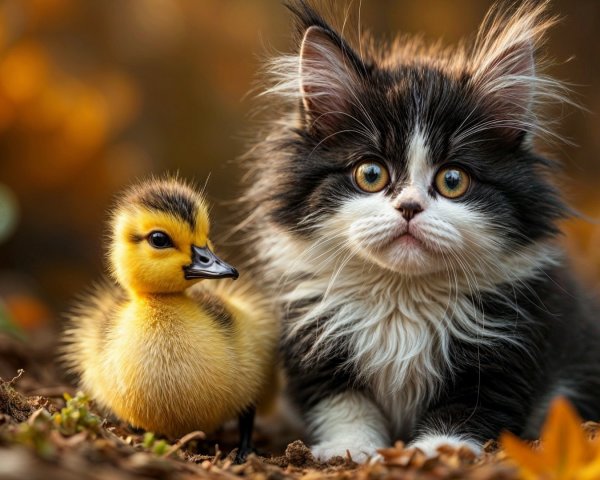 Fluffy Kitten and Duckling Among Autumn Leaves