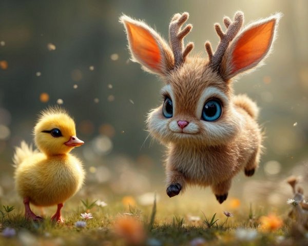 Fluffy Creature and Duckling in Enchanted Forest
