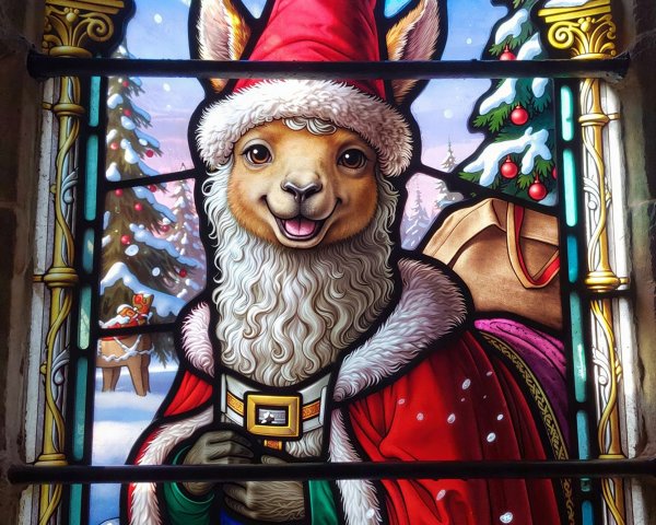 Stained Glass Window Featuring Santa Alpaca in Winter Scene