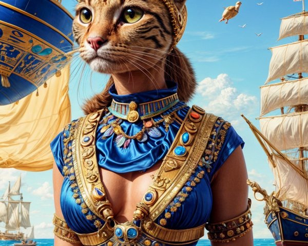 Majestic Cat-Headed Figure by Vibrant Sea and Ships