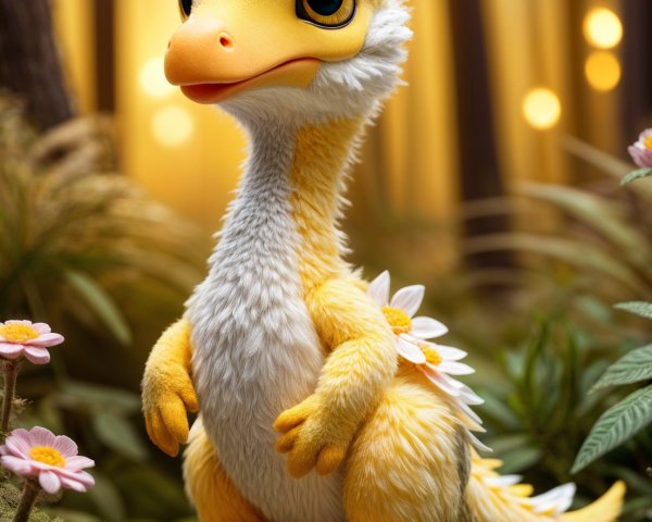 Whimsical Yellow Dinosaur Plushie in Green Forest