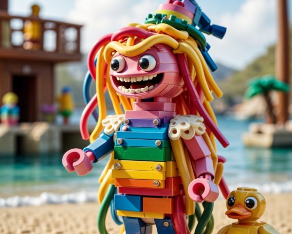 Colorful Lego Figure on a Tropical Beach Scene