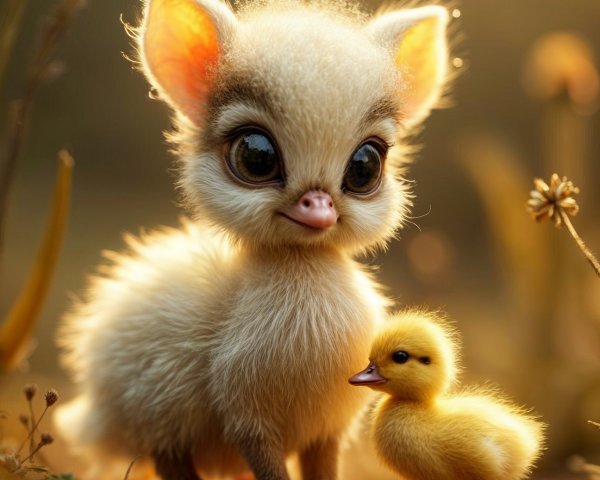 Fluffy Creature and Duckling in Enchanting Setting