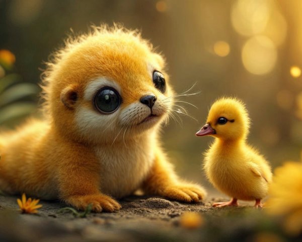 Fluffy Kitten and Duckling in Enchanting Forest