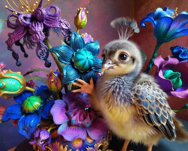 Realistic Taxidermy Baby Peacock Chick Among Flowers