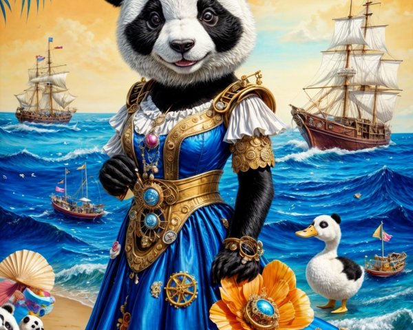 Panda in Royal Blue Gown on a Beach Scene