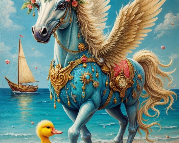 Whimsical Blue Winged Horse on Beach with Duck