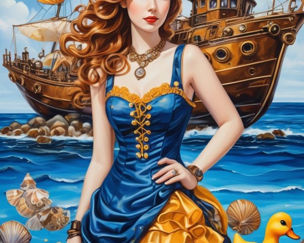 Steampunk Woman in Vibrant Seascape with Vintage Ship