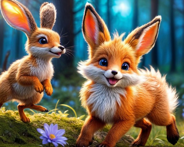Fox and Bunny Play in a Vibrant Forest Setting
