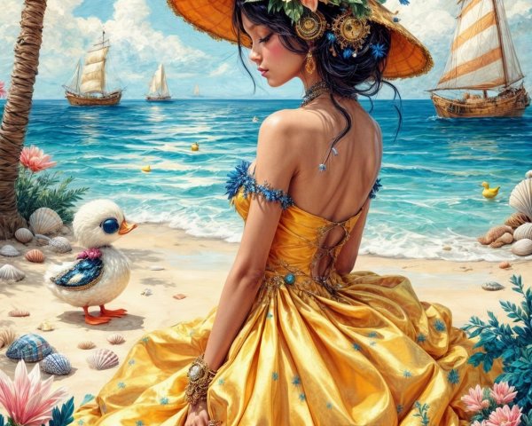 Young woman in yellow dress at beach with duckling