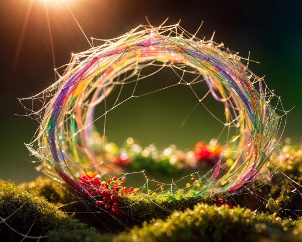 Colorful Threads and Spider Webs in Sunlit Nature