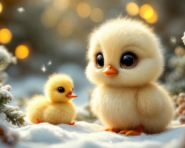Fluffy Ducklings in a Winter Wonderland Scene