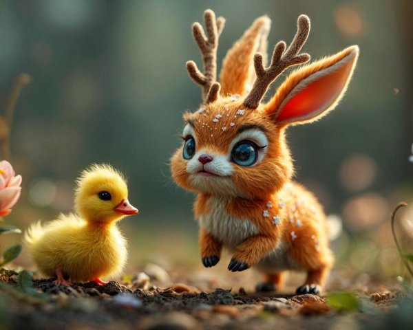 Animated young deer and duckling in vibrant forest