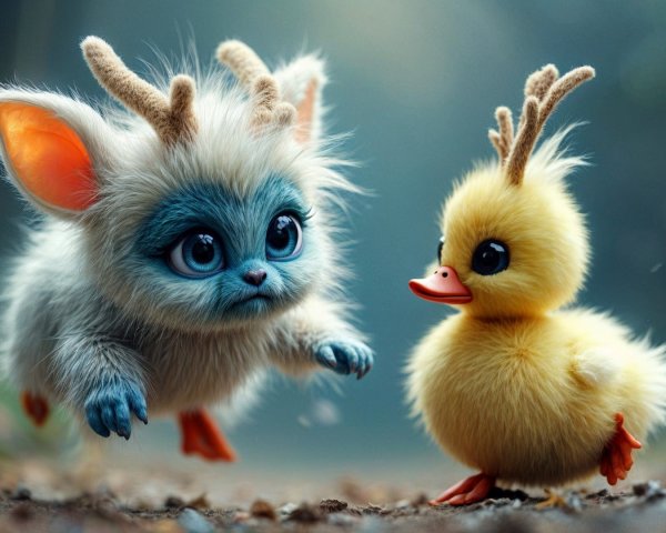 Whimsical Forest Scene with Blue Creature and Duckling