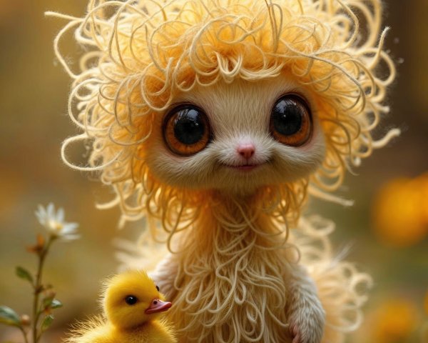 Whimsical Creature with Duckling in Floral Setting