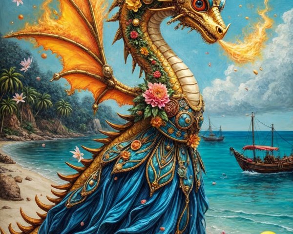Majestic dragon with flowers on a sandy beach scene