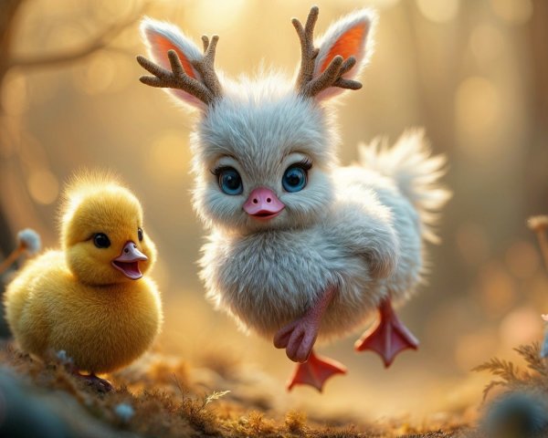 Whimsical Forest Scene with Fluffy Creature and Duckling