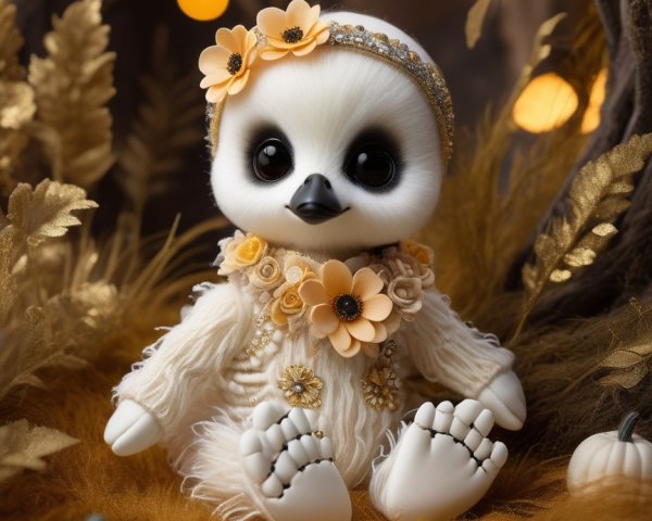Owl Doll in Fluffy Outfit with Autumn Decor