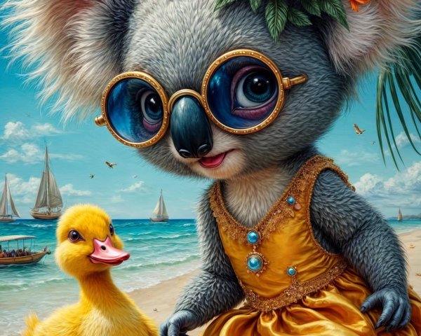 Whimsical Koala and Duckling on a Beach Scene