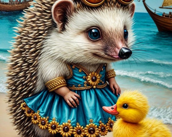 Hedgehog in Blue Dress with Duckling on Beach Scene