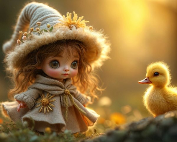 Miniature Doll with Duckling in Enchanted Setting