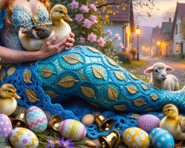 Mermaid with Ducklings and Colorful Easter Decor