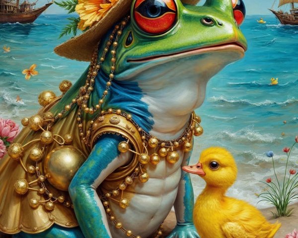 Whimsical Frog and Duckling by a Colorful Shore