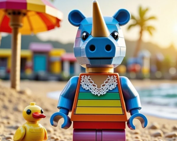 Detailed Close-Up of Lego Rhino Figurine on Beach