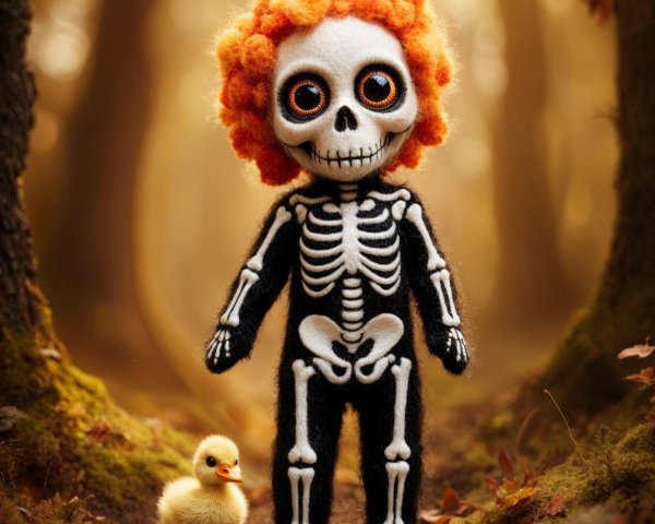 Skeleton Doll and Duckling in Whimsical Forest Scene