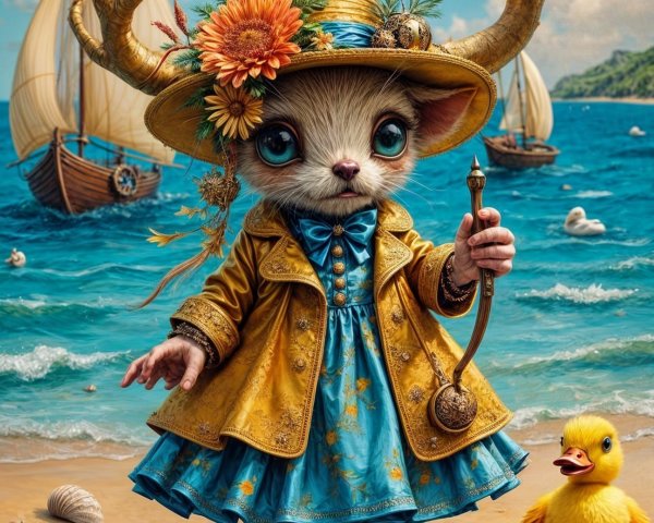 Whimsical Beach Scene with Cat-like Character and Duck