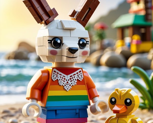 Whimsical LEGO Bunny and Duck on Colorful Beach Scene