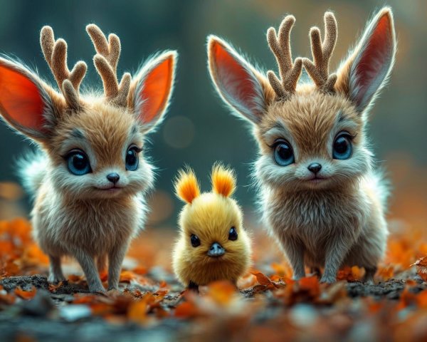 Whimsical Forest Scene with Fluffy Creatures and Leaves