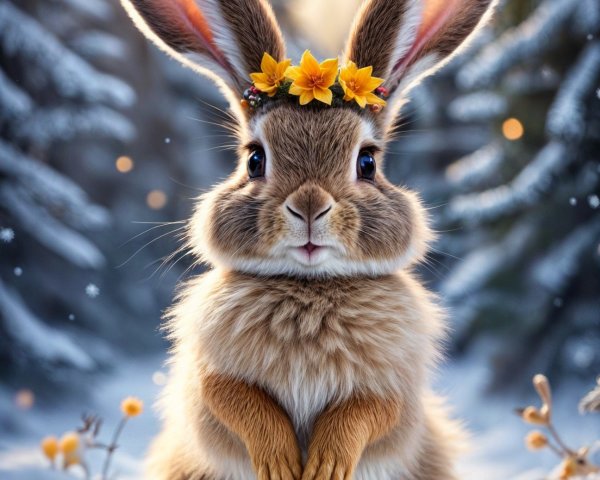 Fluffy Rabbit in Snowy Landscape with Flower Crown