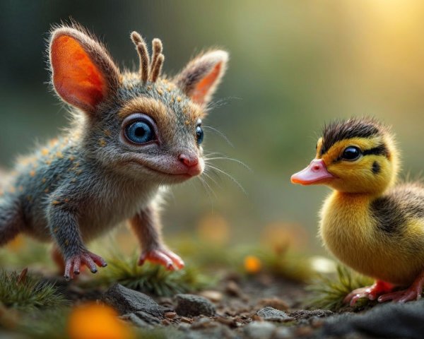 Whimsical Creature and Duckling in Sunlit Forest