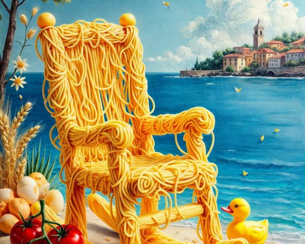 Whimsical Scene of Pasta Chair by Coastal Landscape