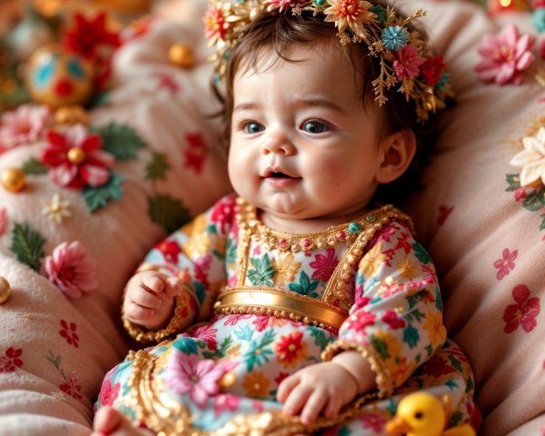 Joyful Baby in Colorful Floral Setting with Crown