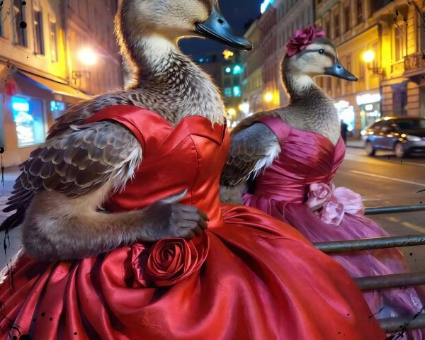 Anthropomorphic ducks in elegant gowns on city street