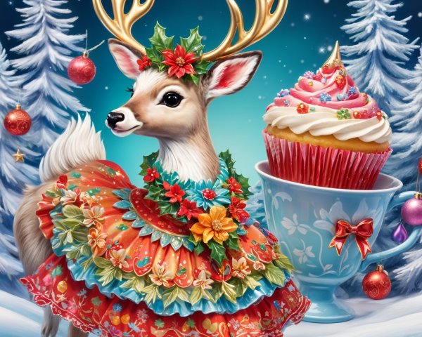 Charming Deer in Festive Dress with Oversized Cupcake