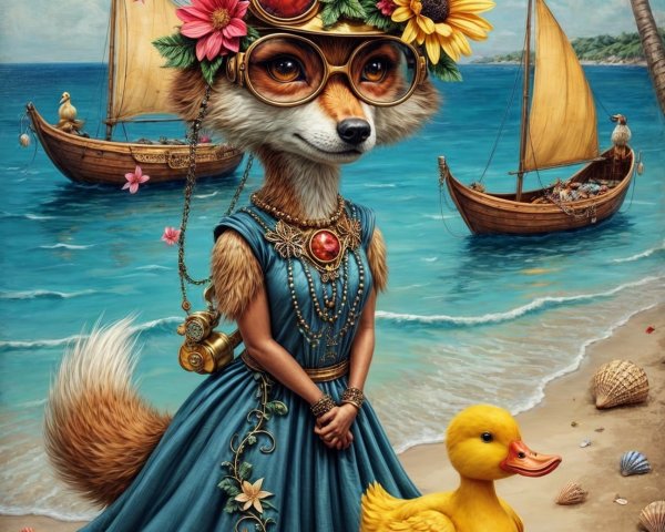 Whimsical Fox in Dress on Beach with Duck and Boats