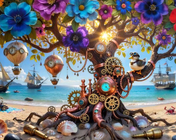 Steampunk Beach Scene with Mechanical Tree and Ships