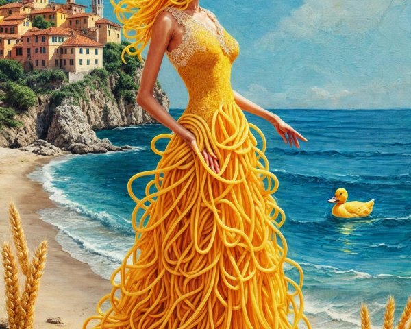 Surreal Scene of Woman in Pasta Gown by Ocean