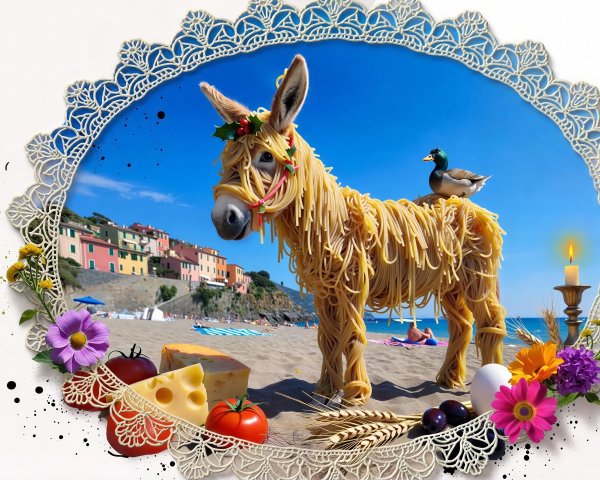 Donkey in Spaghetti with Duck on Beach Scene