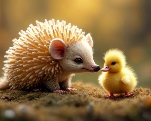 Whimsical Hedgehog and Duckling in Sunlit Garden