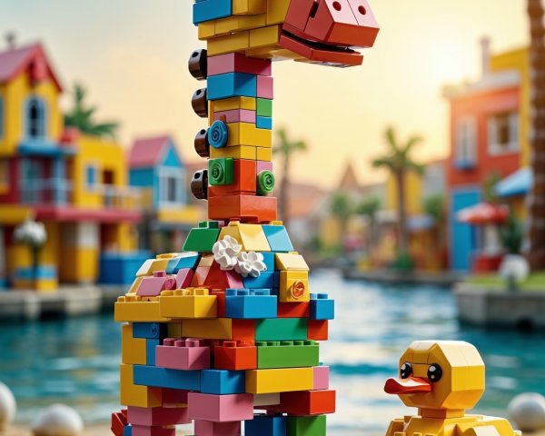 Colorful LEGO Giraffe and Duck in Scenic Setting