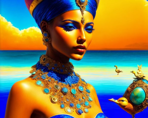 Regal figure in blue and gold costume at sunset seascape