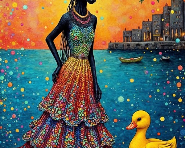 Whimsical Scene of Fox Figure and Duck by Water