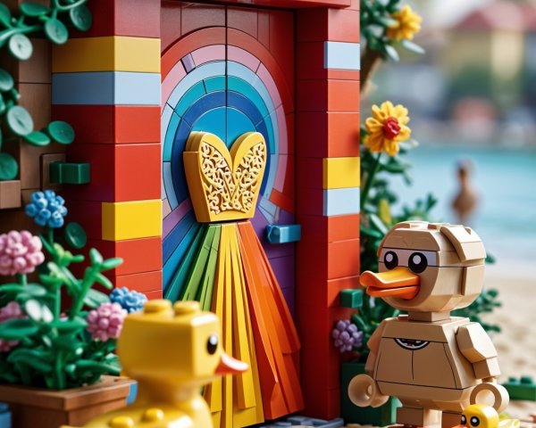 Vibrant LEGO Scene with Rainbow Door and Duck Costumes