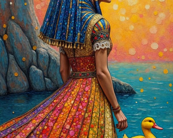 Colorful Egyptian-Inspired Gown by Water with Duck